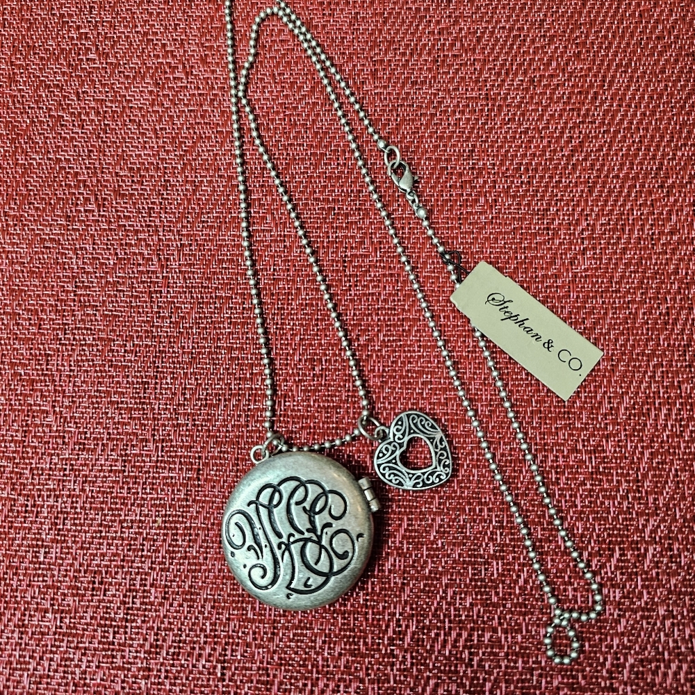 Vintage Monogram Engraved Locket Flowers Heart Charm Long Pewter Necklace